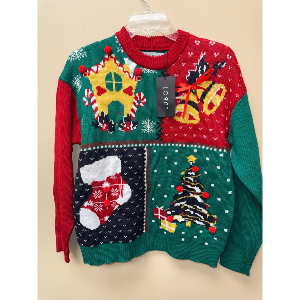 LUBOT Womens Ugly Christmas Sweater Green Red Pom Pom Gingerbread Tree Small NWT